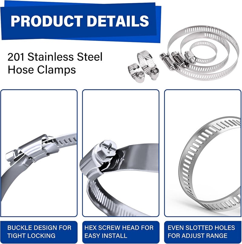 imsiboc 201 Stainless Steel Hose Clamp Assortment Kit, 30PCS Adjustable 1/4''- 1-1/2'' (21-38mm) Worm Gear Metal Fuel Line Clamp for Plumbing, Automotive And Mechanical Applications - Image 3